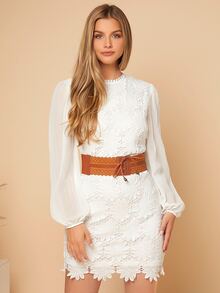 SHEIN Privé 燈籠袖提花蕾絲洋裝不附腰帶 - 白色 - 查看 4