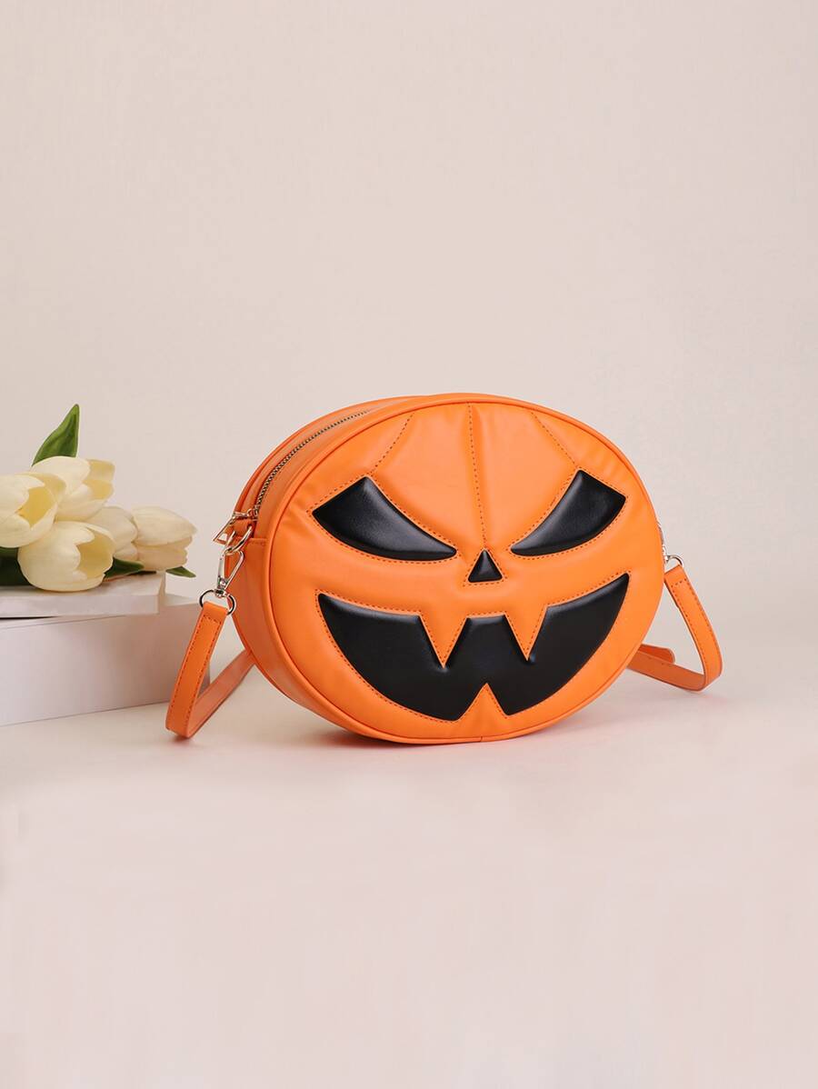 Lightweight,Portable Halloween Pumpkin Pattern Neon-orange Quilted Circle Bag Halloween - Orange - View 1