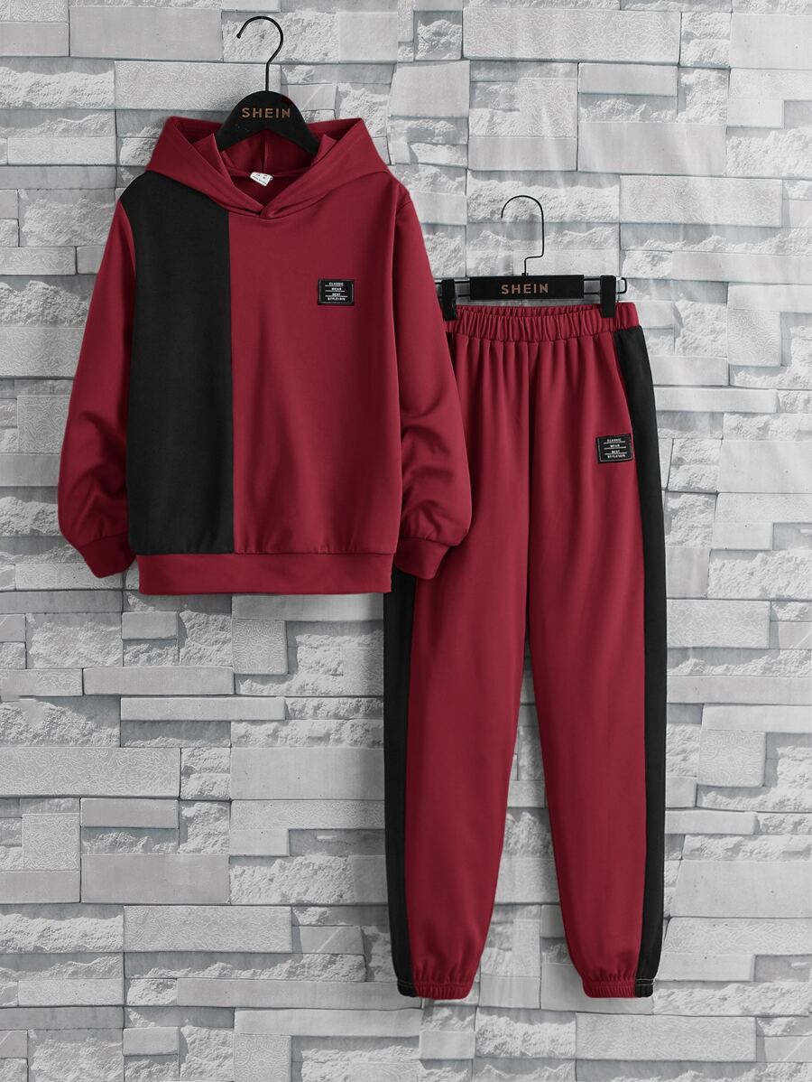 SHEIN Leap Crew 青少年男孩拼接細節雙色連帽衫和運動褲 - 酒紅色 - 查看 1