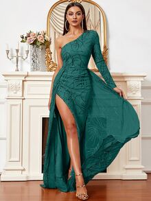 Missord Đầm Bất đối xứng ghép mộng kim sa Dây kéo Tách cao Đồ họa Buổi tiệc - Màu xanh ngọc - Xem 7