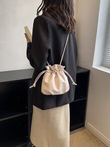 Mini Drawstring Design Bucket Bag - Beige - View 2