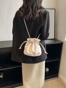 Mini Drawstring Design Bucket Bag - Beige - View 3