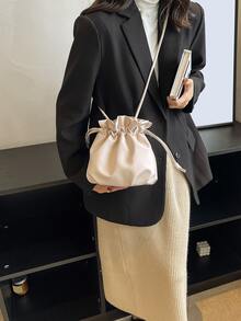 Mini Drawstring Design Bucket Bag - Beige - View 4