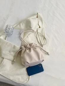 Mini Drawstring Design Bucket Bag - Beige - View 8