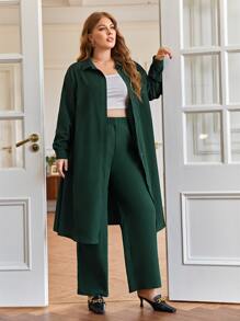 SHEIN Frenchy Plus Drop Shoulder Longline Shirt & Pants Set - Dark Green - View 1