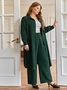 SHEIN Frenchy Plus Drop Shoulder Longline Shirt & Pants Set - Dark Green - View 4