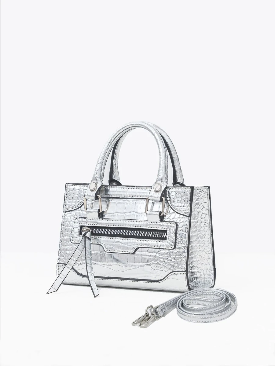 Kim sa , Sang trọng , Sáng bóng Túi đám tiệc , Bữa tối Cái túi Duyên dáng , Thanh lịch , Tinh tế , Im lặng Sang trọng Mini Kim loại Dập nổi cá sấu Túi Vuông Pha lê Cho bữa tiệc Cô gái , Phụ nữ , Cô dâu Hoàn hảo Cho bữa tiệc , Lễ cưới , Dạ hội , , Đối với - Bạc - Xem 1