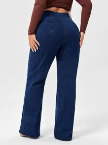 SHEIN SXY Quần Denim kích thước lớn Nút Túi Dây kéo màu trơn - Rửa tối - Xem 2