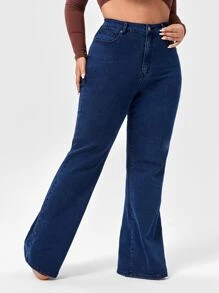 SHEIN SXY Quần Denim kích thước lớn Nút Túi Dây kéo màu trơn - Rửa tối - Xem 4