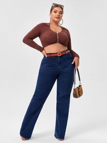 SHEIN SXY Quần Denim kích thước lớn Nút Túi Dây kéo màu trơn - Rửa tối - Xem 5