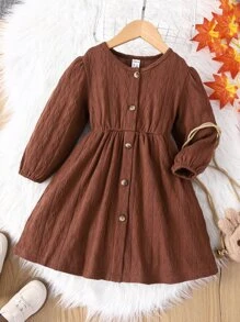 Đầm bé gái Nút phía trước màu trơn Giải trí - Cà phê nâu - Xem 1