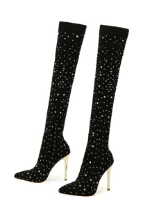 Fall/Winter Women's Pointed Toe High Heeled Ankle Boots With Rhinestone Decor, Black Party Shoes Stretch Sock Boots (Random Rhinestone Size And Position, Falling Rhinestone Is Normal),Sexy - Black - View 3
