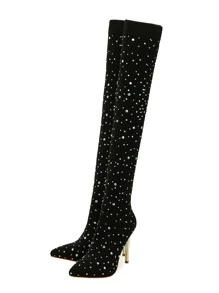 Fall/Winter Women's Pointed Toe High Heeled Ankle Boots With Rhinestone Decor, Black Party Shoes Stretch Sock Boots (Random Rhinestone Size And Position, Falling Rhinestone Is Normal),Sexy - Black - View 4