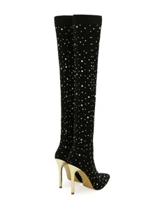 Fall/Winter Women's Pointed Toe High Heeled Ankle Boots With Rhinestone Decor, Black Party Shoes Stretch Sock Boots (Random Rhinestone Size And Position, Falling Rhinestone Is Normal),Sexy - Black - View 5