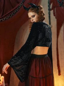 ROMWE Áo sơ mi nữ Bất đối xứng Ren lên màu trơn Buổi tiệc - màu đen - Xem 2