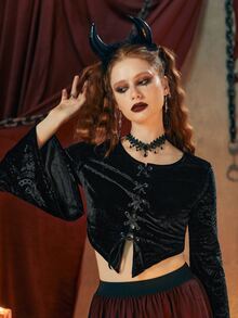 ROMWE Áo sơ mi nữ Bất đối xứng Ren lên màu trơn Buổi tiệc - màu đen - Xem 5