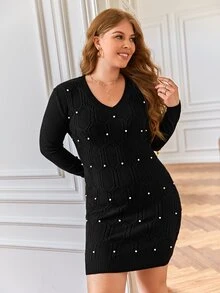 Plus Pearls Beaded Cable Knit Jumper Dress - Black - View 5