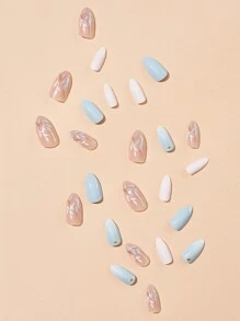 Get Glamorous With 24Pcs Long Almond Sky Blue Rhinestone Golden Edge Leaf Pattern Fake Nail & 1Sheet Tape & 1Pc Nail File Press On Nails Nail Supplies Nails - Multicolor - View 3