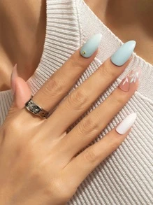 Get Glamorous With 24Pcs Long Almond Sky Blue Rhinestone Golden Edge Leaf Pattern Fake Nail & 1Sheet Tape & 1Pc Nail File Press On Nails Nail Supplies Nails - Multicolor - View 5