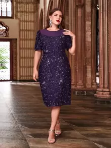 Modelyn Plus Sequin Panel Fitted Dress - Purple - View 4