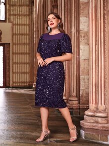 Modelyn Plus Sequin Panel Fitted Dress - Purple - View 5