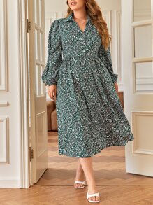 SHEIN Frenchy 大碼碎花燈籠袖洋裝不附腰帶 - 墨綠色 - 查看 1