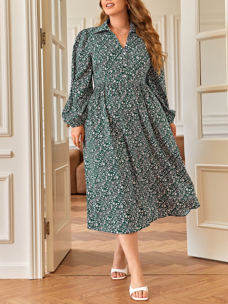 SHEIN Frenchy 大碼碎花燈籠袖洋裝不附腰帶 - 墨綠色 - 查看 1