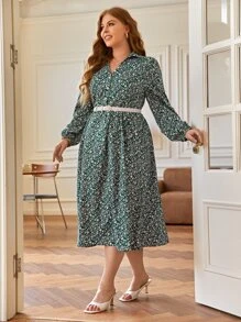 SHEIN Frenchy 大碼碎花燈籠袖洋裝不附腰帶 - 墨綠色 - 查看 3