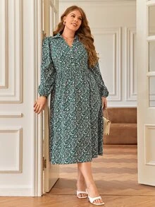 SHEIN Frenchy 大碼碎花燈籠袖洋裝不附腰帶 - 墨綠色 - 查看 4