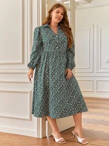 SHEIN Frenchy 大碼碎花燈籠袖洋裝不附腰帶 - 墨綠色 - 查看 5