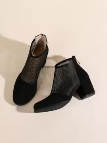 Contrast Mesh Zip Back Chunky Heeled Sandal Boots - Black - View 1