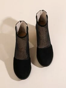 Contrast Mesh Zip Back Chunky Heeled Sandal Boots - Black - View 6