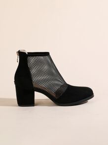 Contrast Mesh Zip Back Chunky Heeled Sandal Boots - Black - View 3