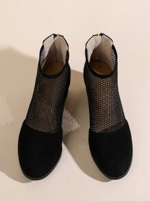 Contrast Mesh Zip Back Chunky Heeled Sandal Boots - Black - View 4