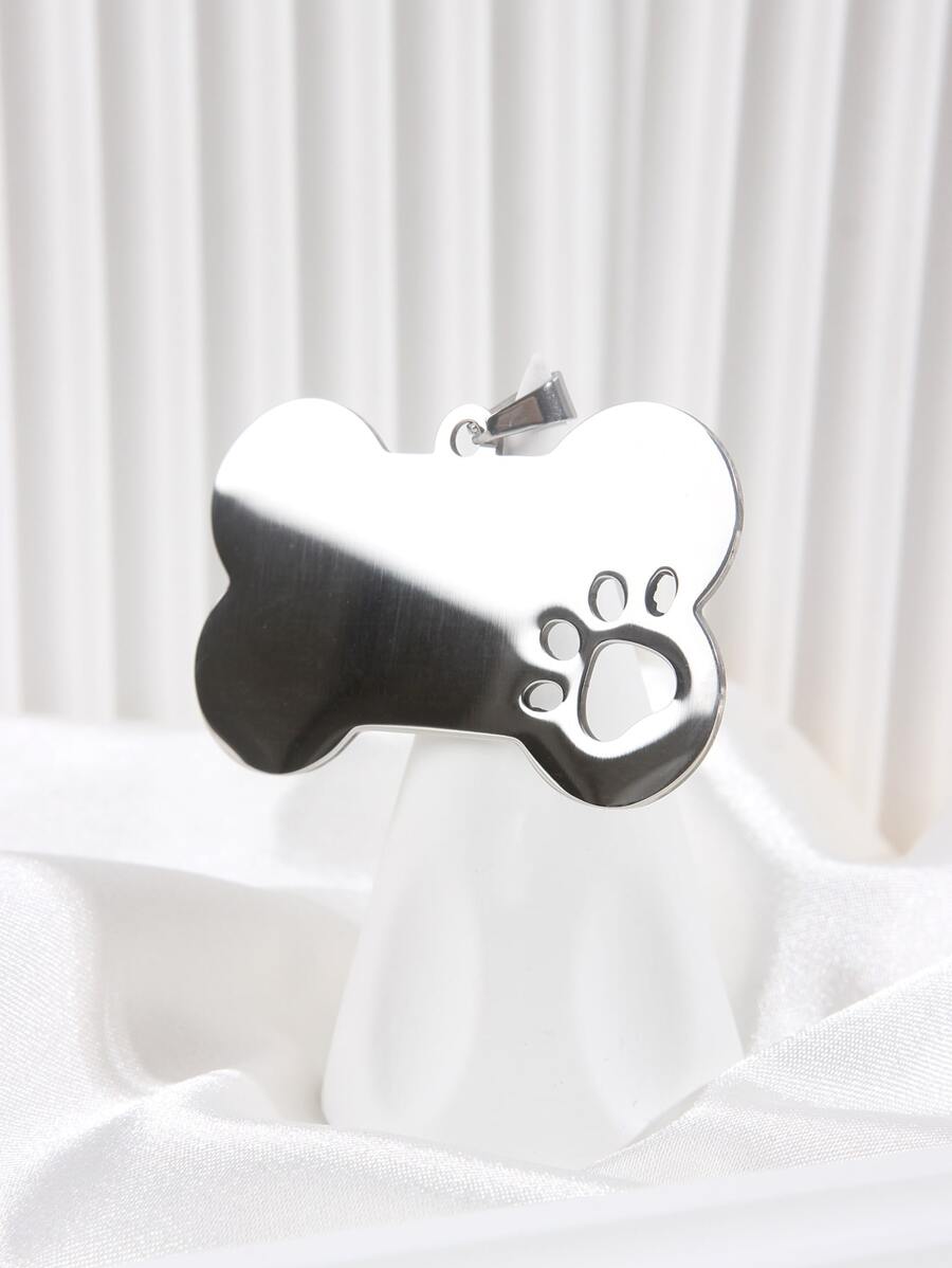 1pc Hollow Out Dog Paw Pattern Bone-Shaped Metal Pet Tag (Not Customizable) Silver Color - Silver - View 1