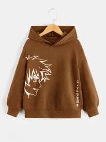 SHEIN 青少年男孩日文字母和数字图案卫衣 - 咖啡棕 - 查看 1