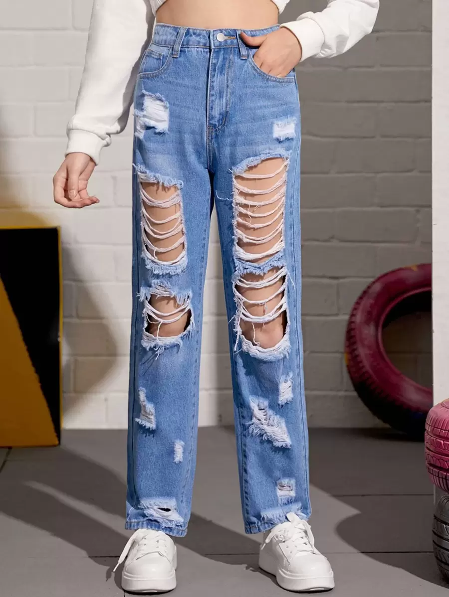 SHEIN Teen Girls Ripped Washed Jeans - Light Wash - View 1
