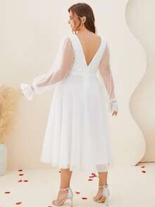 Plus Contrast Lace V-Back Flounce Sleeve Wedding Dress - White - View 2