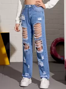 SHEIN Teen Girls Ripped Washed Jeans - Light Wash - View 3