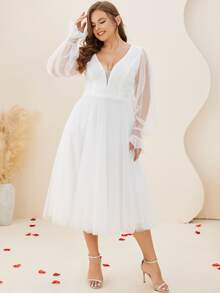 Plus Contrast Lace V-Back Flounce Sleeve Wedding Dress - White - View 3