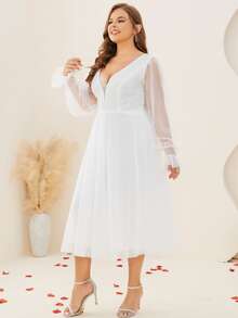 Plus Contrast Lace V-Back Flounce Sleeve Wedding Dress - White - View 4
