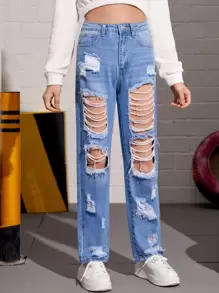 SHEIN Teen Girls Ripped Washed Jeans - Light Wash - View 4