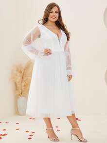 Plus Contrast Lace V-Back Flounce Sleeve Wedding Dress - White - View 5