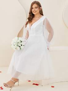 Plus Contrast Lace V-Back Flounce Sleeve Wedding Dress - White - View 6