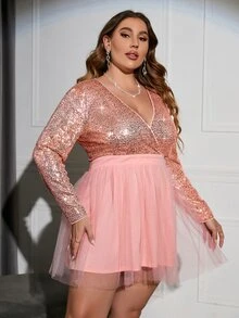 Double Crazy Plus Surplice Neck Mesh Hem Sequin Dress - Pink - View 4