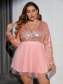 Double Crazy Plus Surplice Neck Mesh Hem Sequin Dress - Pink - View 6
