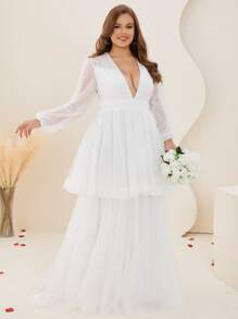 Plus Plunge Neck Cut Out Back Layered Hem Mesh Wedding Dress - White - View 1