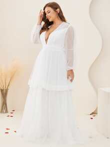 Plus Plunge Neck Cut Out Back Layered Hem Mesh Wedding Dress - White - View 3