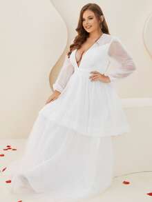 Plus Plunge Neck Cut Out Back Layered Hem Mesh Wedding Dress - White - View 4