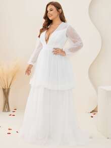 Plus Plunge Neck Cut Out Back Layered Hem Mesh Wedding Dress - White - View 5